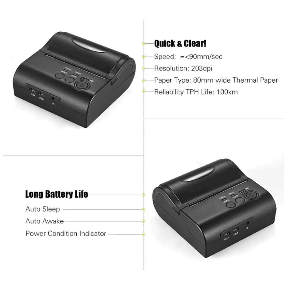 Портативный мини принтер 80 мм Bluetooth беспроводной термопринтер для чеков на