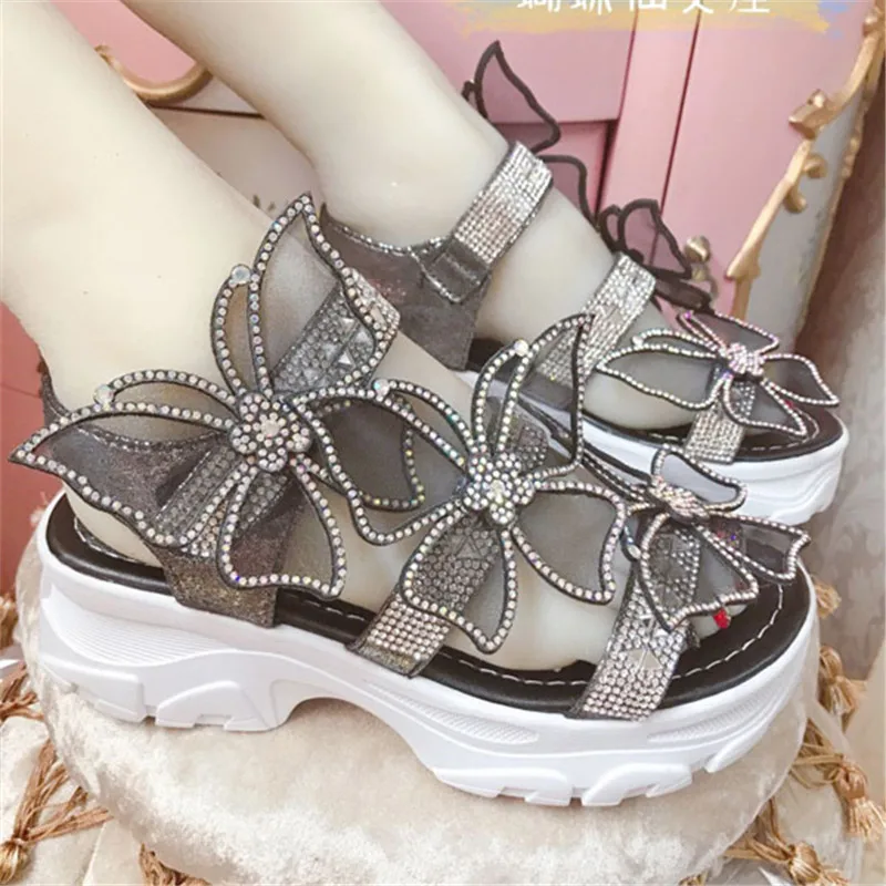 Premium handmade custom diamond-encrusted black butterfly platform sandals with a word band dream fairy princess | Обувь