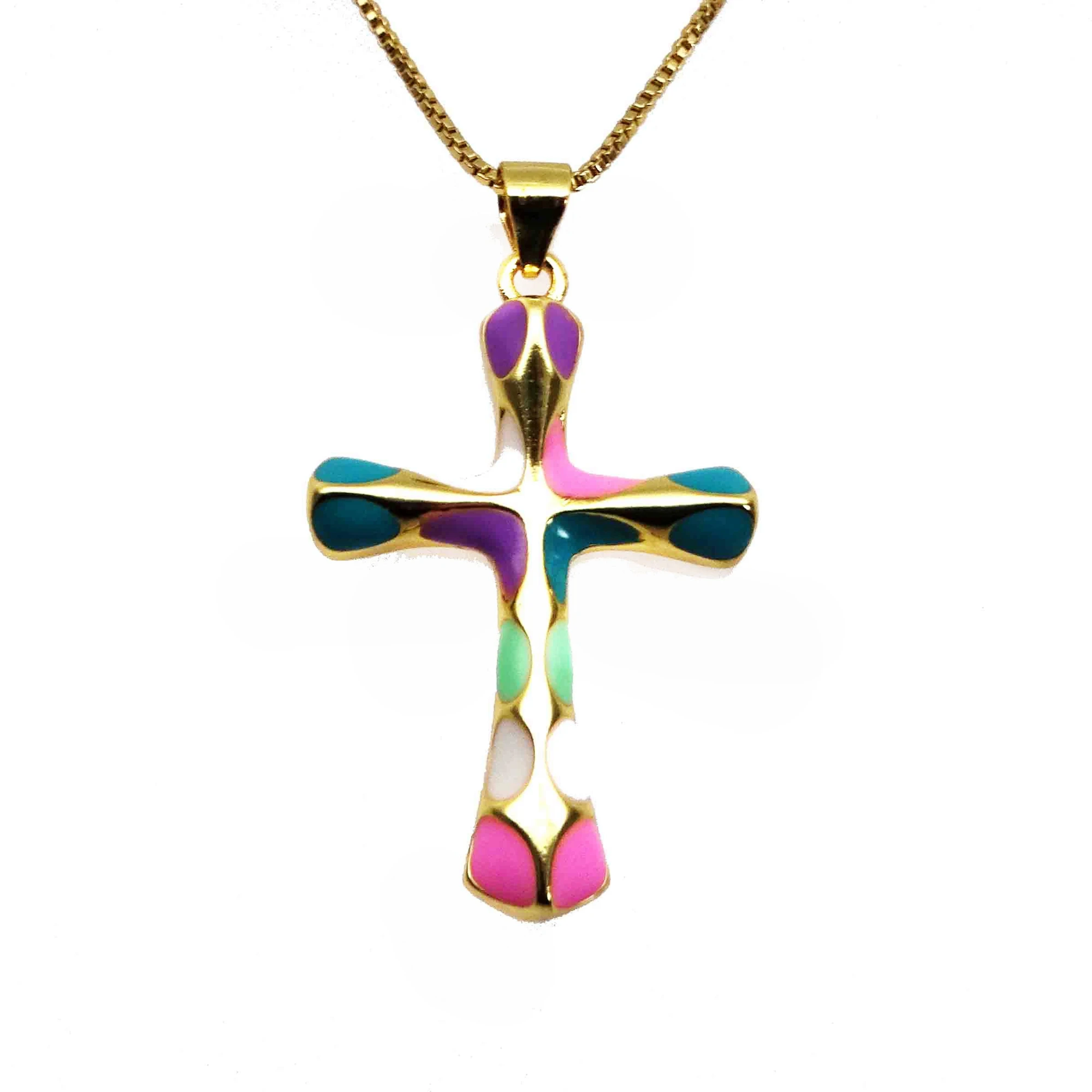 

Micro zircon Rainbow cross pendant necklace Drops of paint Red black crosscopper gold plated DIY neck catenary necklace jewelry