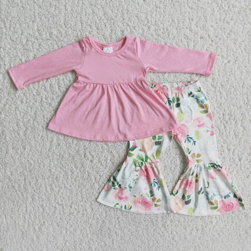 

Wholesale Set Kids Baby Girls Boutique Outfit Long Sleeves Pink Solid Color Shirt Flower Bell-bottomed Pants Fashionable Clothes