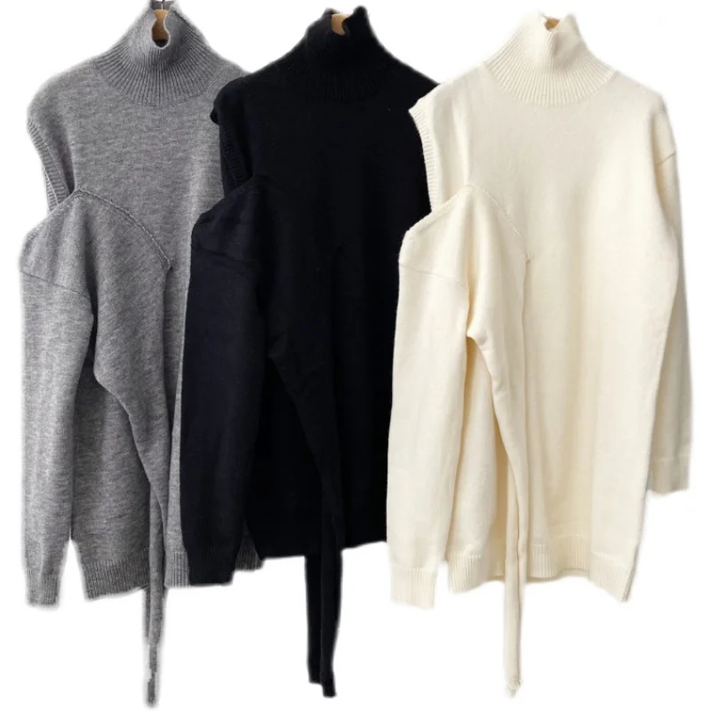 

Winter Turtleneck Warm Pullover Sweater Korean Bandage Slim Waist Knitted Tops Long Sleeve Sexy Strapless Jumpers