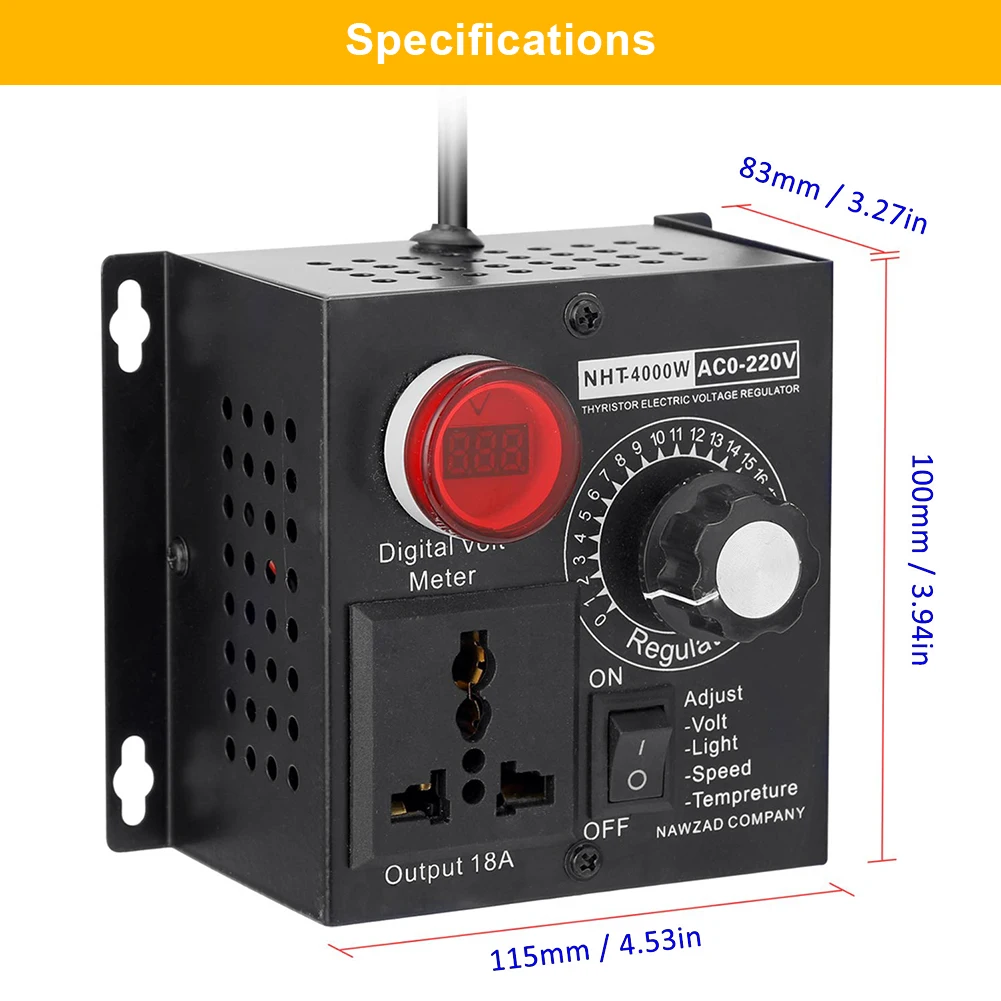 

Variable Voltage Controller SCR Electronic Voltage Regulator 4000W 220V Single Phrase Motor Fan Speed Adjuatable Dimmer