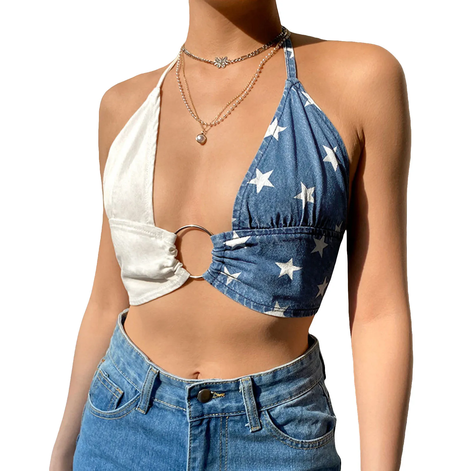 Летняя женская блузка без рукавов со звездным принтом и кулиской модный