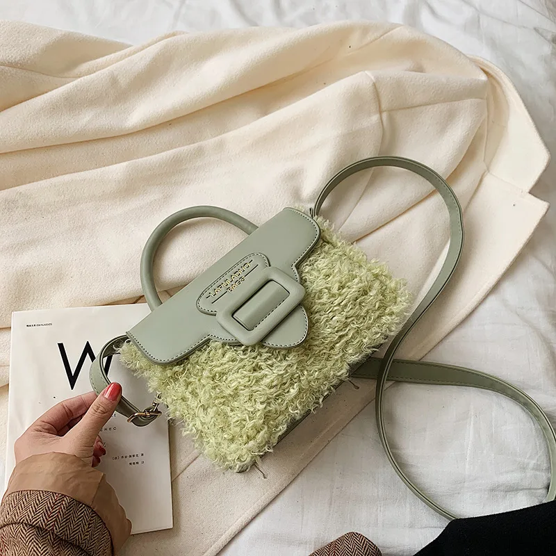 green Новая модная сумка из овечьей шерсти для женщин осень зима корейский стиль милая сумка через плечо bolso mujer - Цвет: green