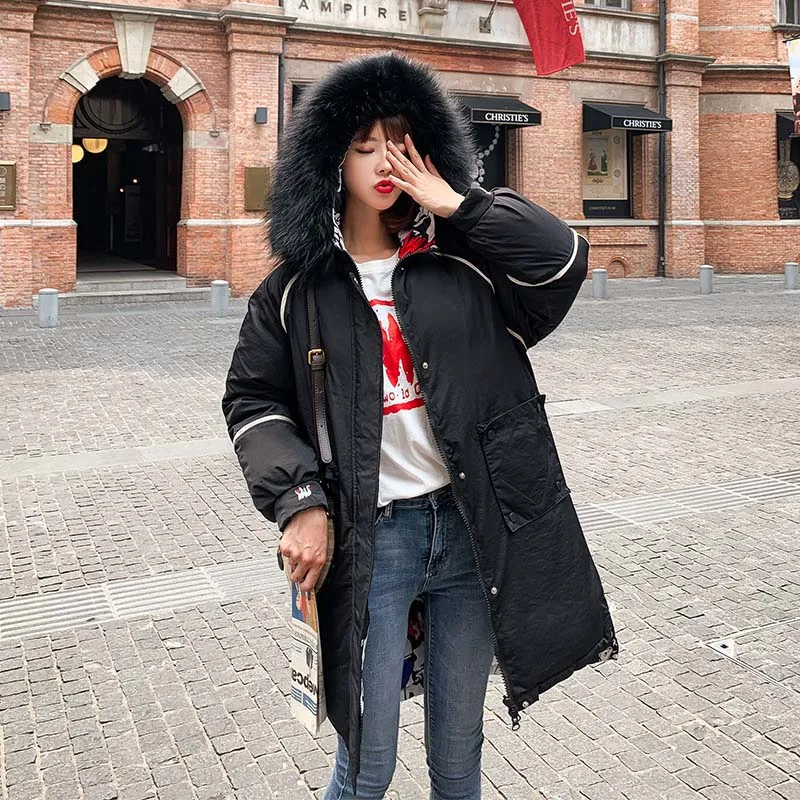 QIHUANG Двусторонняя одежда женское зимнее пальто с капюшоном и меховым воротником