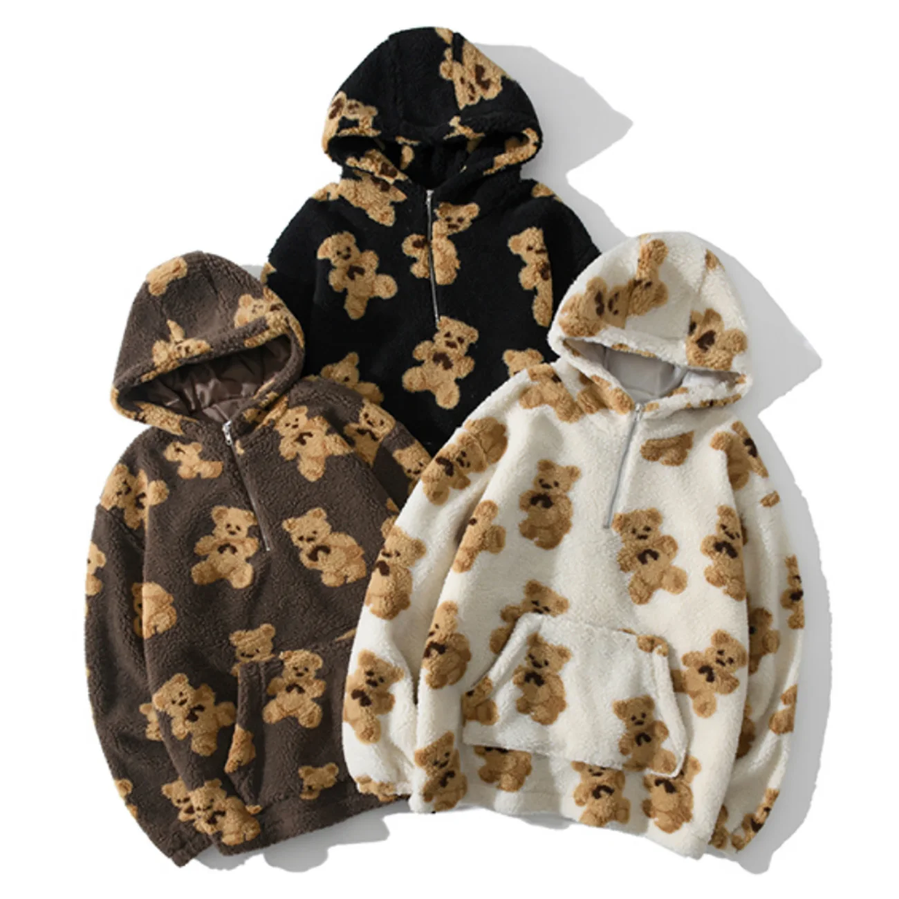 

Hip Hop Lambswool Jacket Bear Print Half Zipper Pullover Hoodies Men Harajuku Streetwear Loose Hooded Couple Coat Outwear Winter