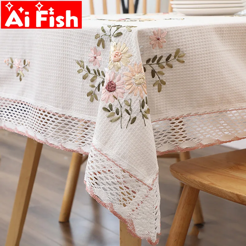 

Pastoral Handmade Satin Embroidered Rope 3D Flower Cotton Kitchen Dinner Table Cloth Multi-purpose Dusty Cover Towel Decor #4