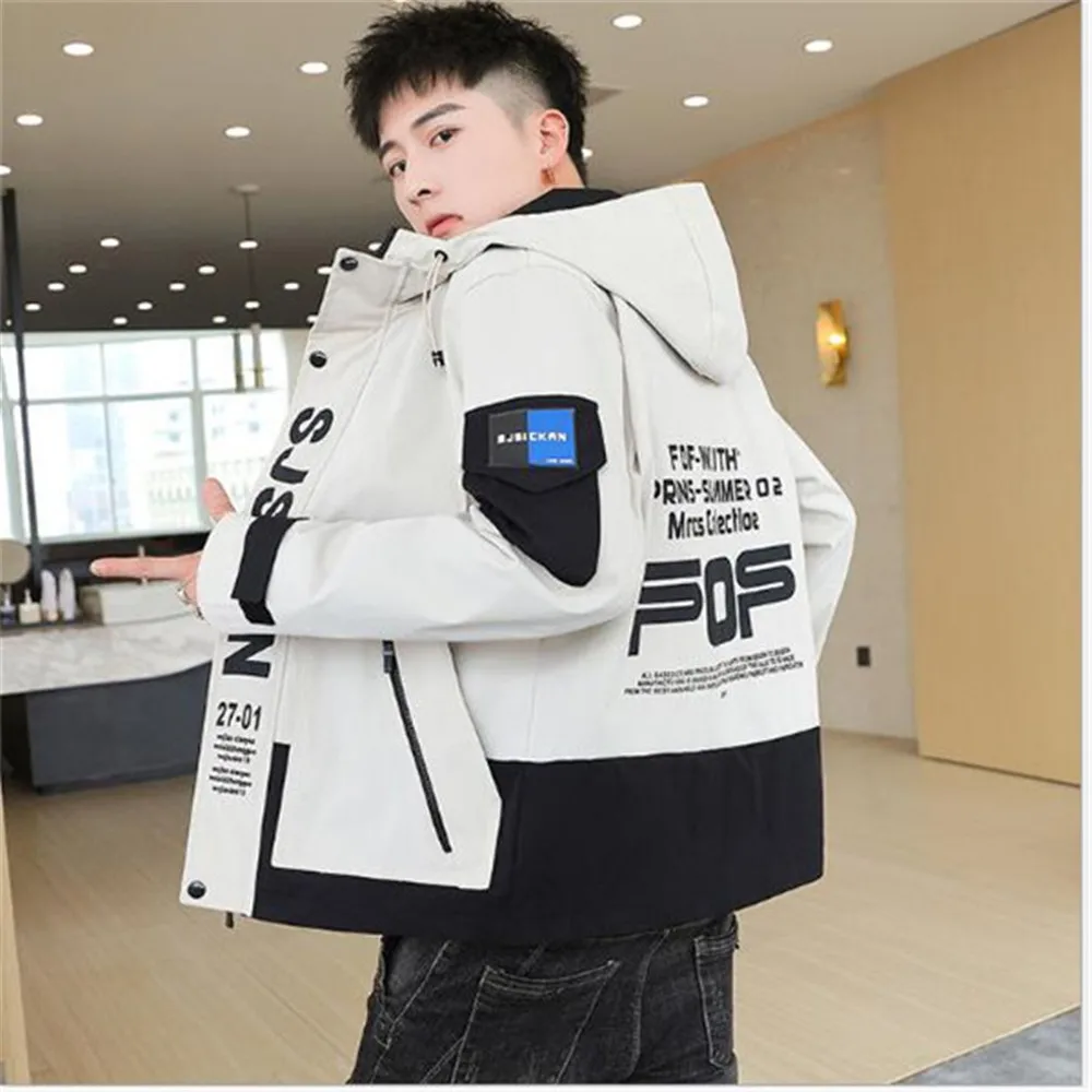 

2021 Spring Autumn Korean Xersion New Fashion Trend Color Matching Men's Youth Handsome Hooded Jacket Tooling Coat