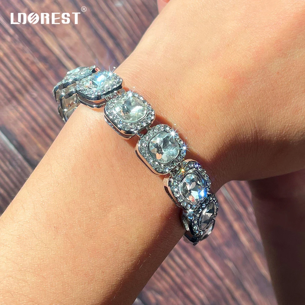 

Iced Out Square Crystal Cuban Link Bracelet For Women Men Gold Silver Color 13mm Miami Hand Link Chain Bracelets Hiphop Jewelry