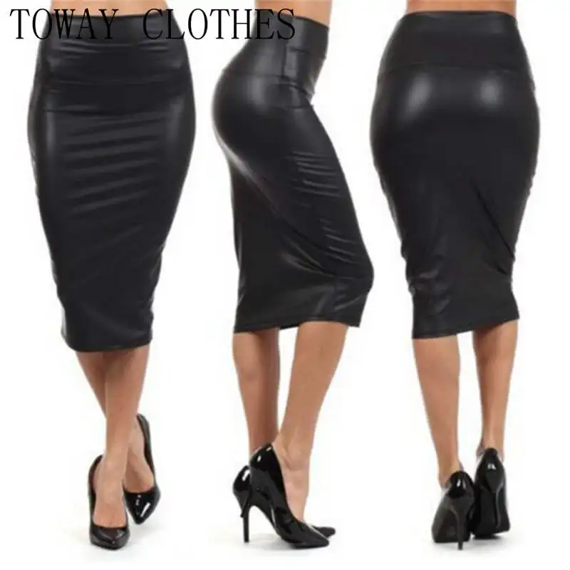 

Women Spring Autumn Fake PU Leather Skirt Black Color High Waist Pencil Skirts Sexy Club Winter Vintage Midi Skirt