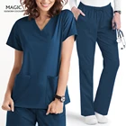 Летняя рабочая одежда с коротким рукавом, топы с V-образным вырезом и карманами, топы и брюки для работников здравоохранения, блузка для домашних животных, Женская однотонная униформа медсестры, 2021