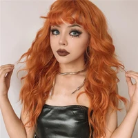 orange ginger color long water wavy synthetic wigs for women with bangs halloween cosplay party daily natural heat resistant wig