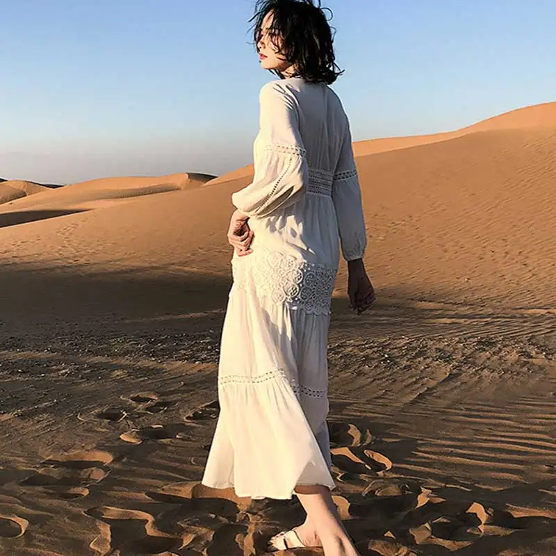 Богемный Вдохновленный белый повседневное женское платье с длинным рукавом buttosn