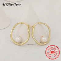 hihosilver big round baroque pearl gold color real 925 sterling silver hoop earrings for women trendy jewelry gift girl hh21038