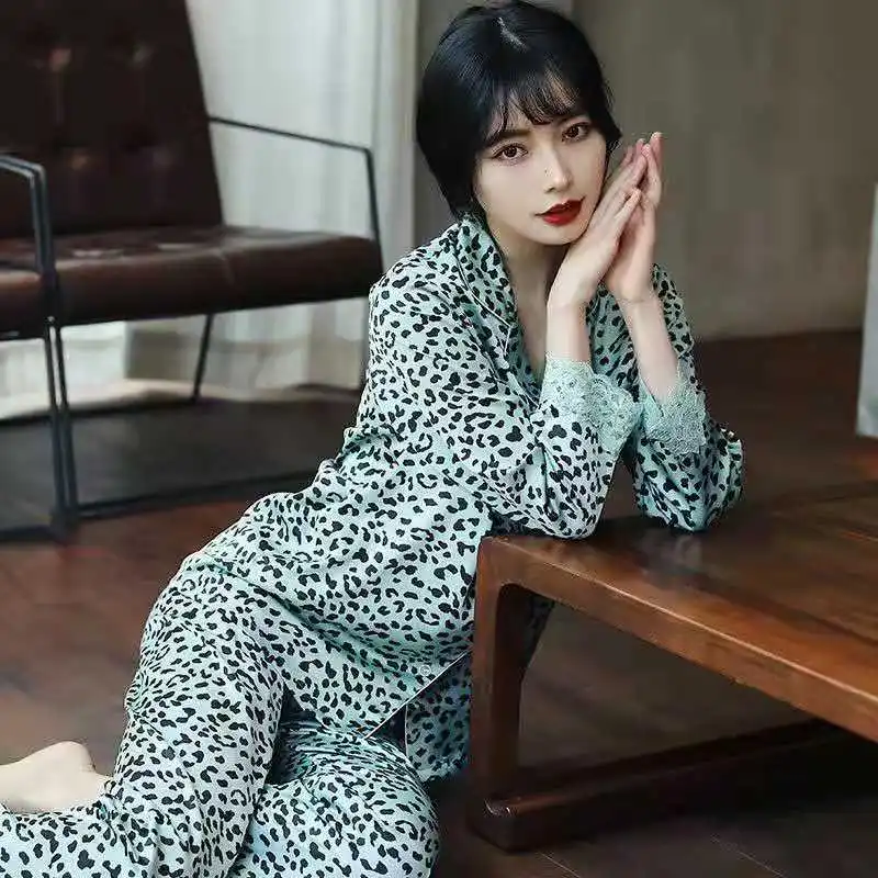

Leopard Pajamas Set Women Ice Silk Long Sleeve Trousers Suit Fashion Pyjamas 2Piece /Set Turn-Down Collar Home Clothes Female