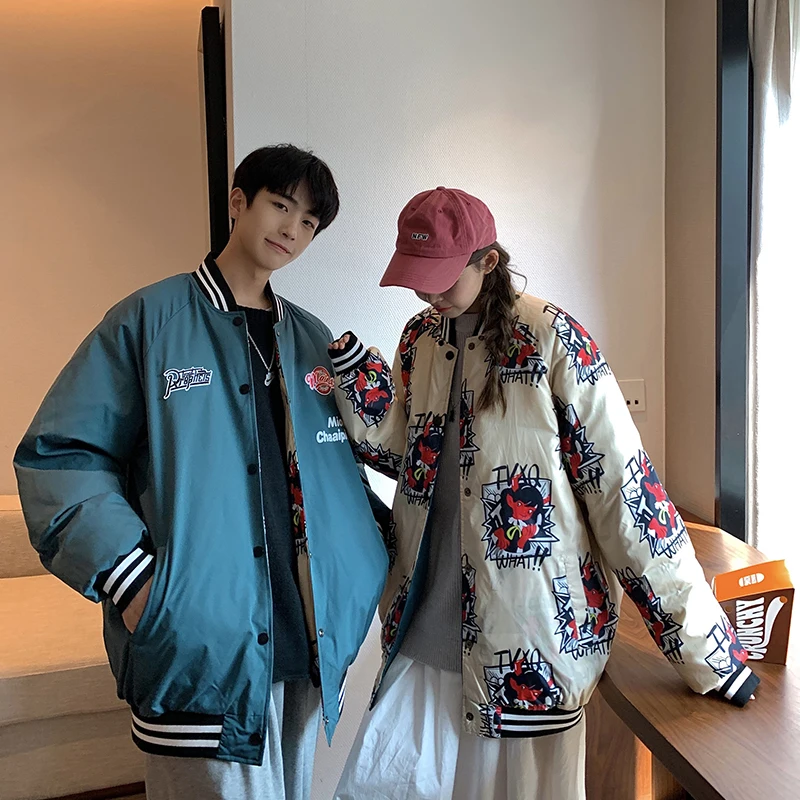 2021 men winter Parka reversible Anime Printed cotton coat japanese fashion streetwear oversized hippie Jacket couple clothes