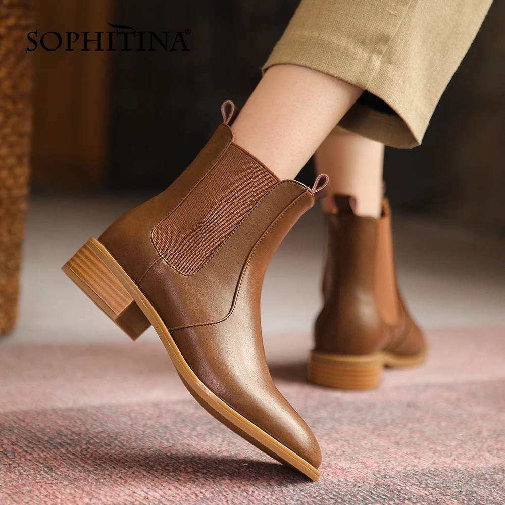 

Женские ботинки челси SOPHITINA, натуральная кожа, круглый носок, без застежки, Удобные полусапожки на низком каблуке, однотонные, NO097