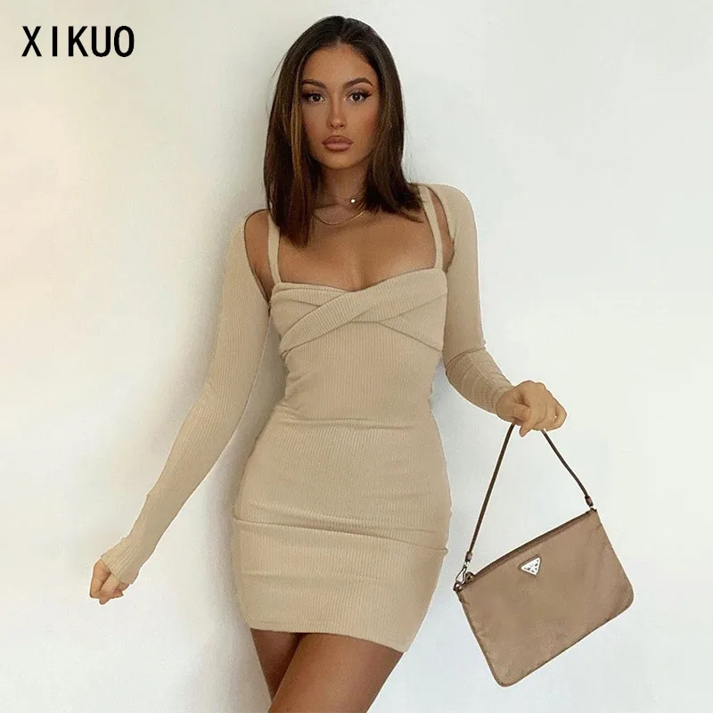

2021 Autumn Twisted Sling Shawl Long Sleeve Two-piece Suit Women's Dress YJ21018PF