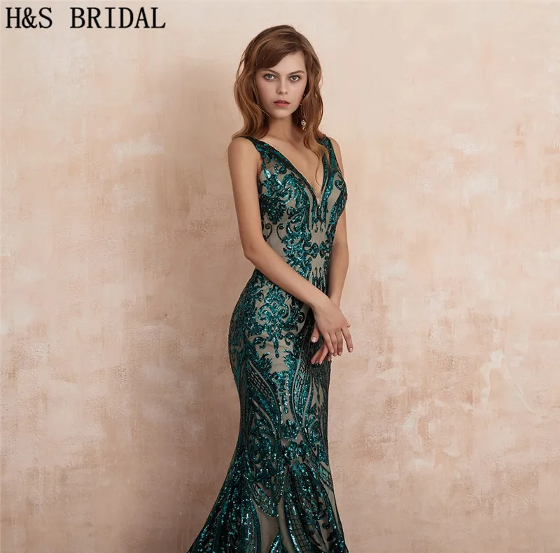 Женское вечернее платье-русалка зеленое платье с v-образным вырезом и блестками