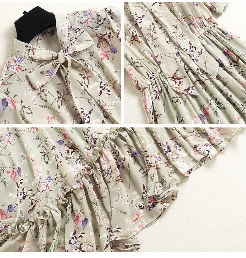 

Women's Runway Dresses Lace Up Bow Collar Short Sleeves Floral Printed Ruffles Fashion Summer Mid Dress Vestidos