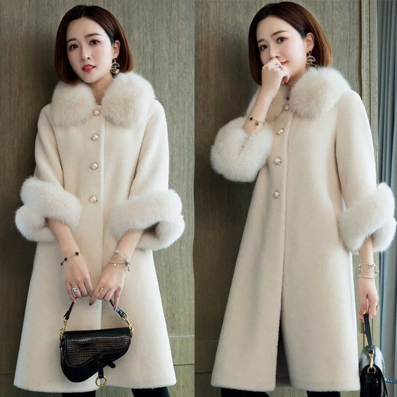 

2021 Autumn And Winter Leisure Sheep Shearing Coat Women's Medium And Long Imitation Fox Fur Collar Loose Granular Fur Imitation