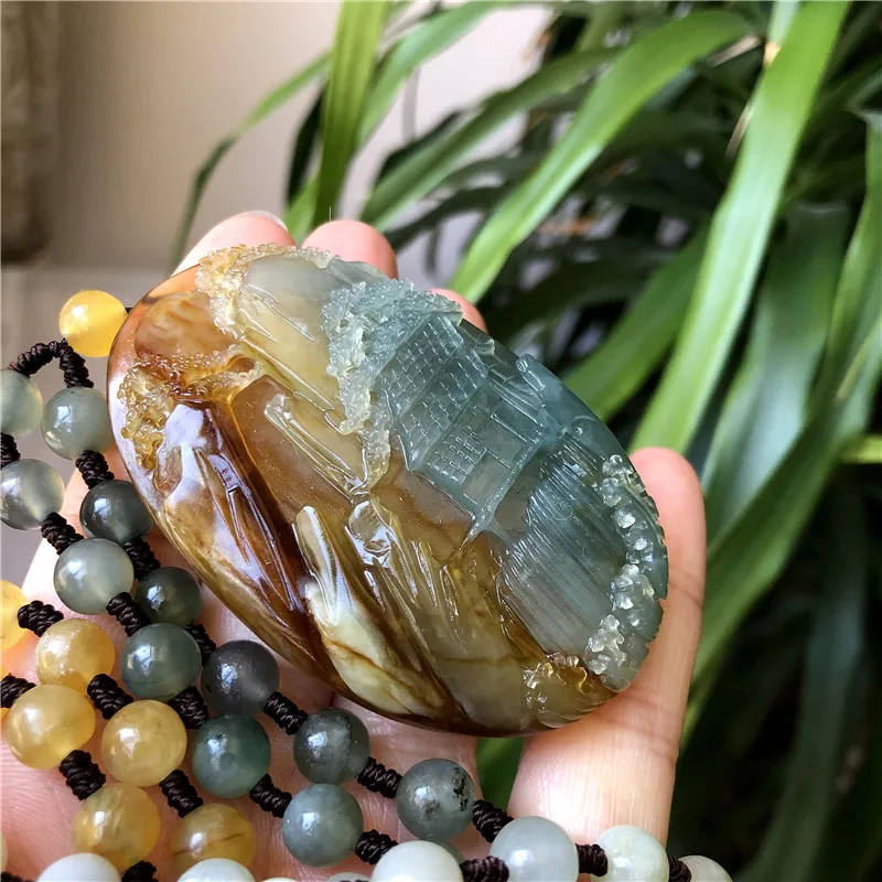 

Natural xiuyu A jade Handcarved landscape jade yellow green jade pendant jade necklace men pendants jewelry jade necklaces