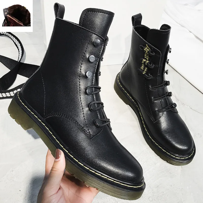 Plush lining Г., последняя модель, женские ботинки из высококачественной натуральной кожи удобные ботильоны осень-зима с металлическими заклепками Ботинки martin для отдыха - Цвет: Plush lining