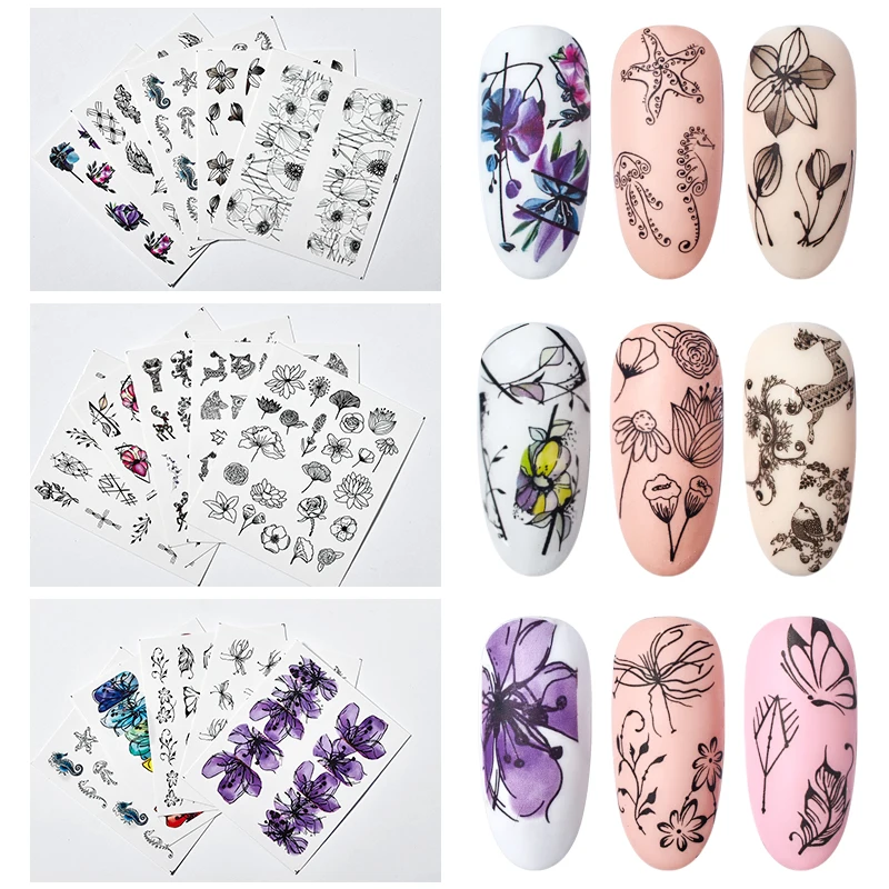 5 шт./компл. Цветочные наклейки для ногтей водная переводная наклейка милые