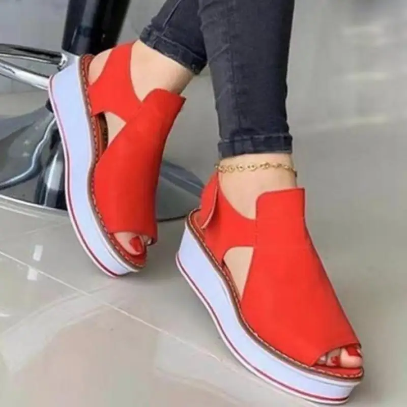 

2021 Summer Casual Wedge Heel Women Sandals Fashion Breathable Mid-heel Solid Color Shoes Women's Shoes Round Toe Ladies Fish Mo