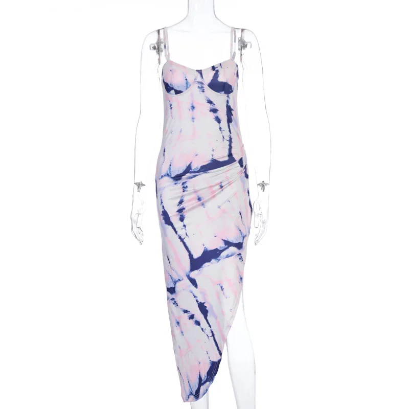 

Kywommnz 2021 Summer Women Tie-Dye Print Spaghetti Strap Dress Fashion Sleeveless Sling Irregular Skirt E1838