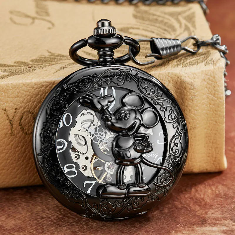 Unique Steampunk Skeleton Cartoon Mouse Mehanical Pocket Watch FOB Chain Hand Wind Mechanical Mens Womens Watches with Chain