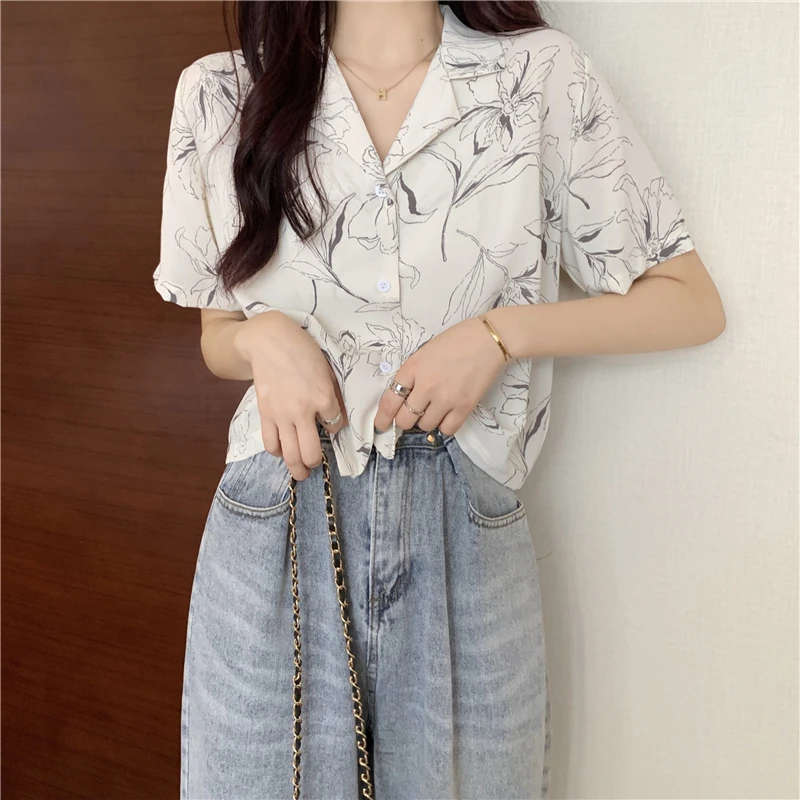 

Lucyever Summer Vintage Print White Shirts for Women Casual Loose Turndown Collar Blouses Femme Button Short Sleeve Blusas Woman