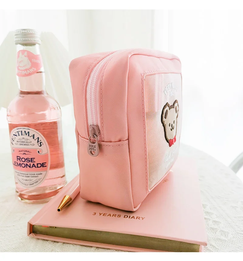 

Bear cosmetic bag square large capacity girl heart ins wind mesh toiletry storage bag