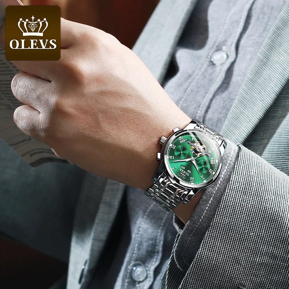 

OLEVS Mechanical Men's Watch Luxury Date Week Green Fashio Classic Wrist Watch Original Unbeaten Men'S Watch Jaeger Le Coultre