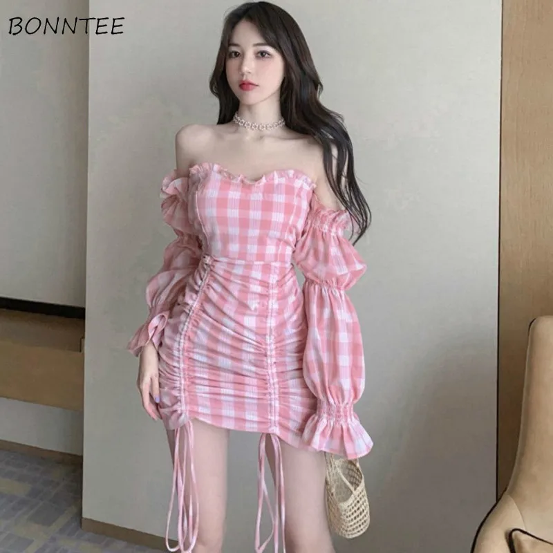 

Mini Dress Women Long Flare Sleeve Plaid Slash Neck Empire Sweet Feminino Vestidos Temperament Off Shoulder Chic Autumn Fashion