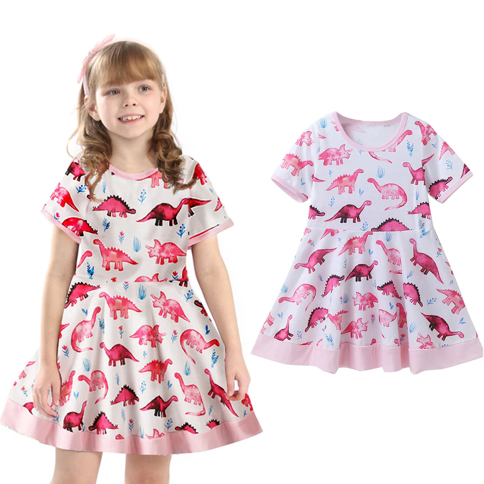 

Детское платье с юбкой и принтом динозавров, с коротким рукавом