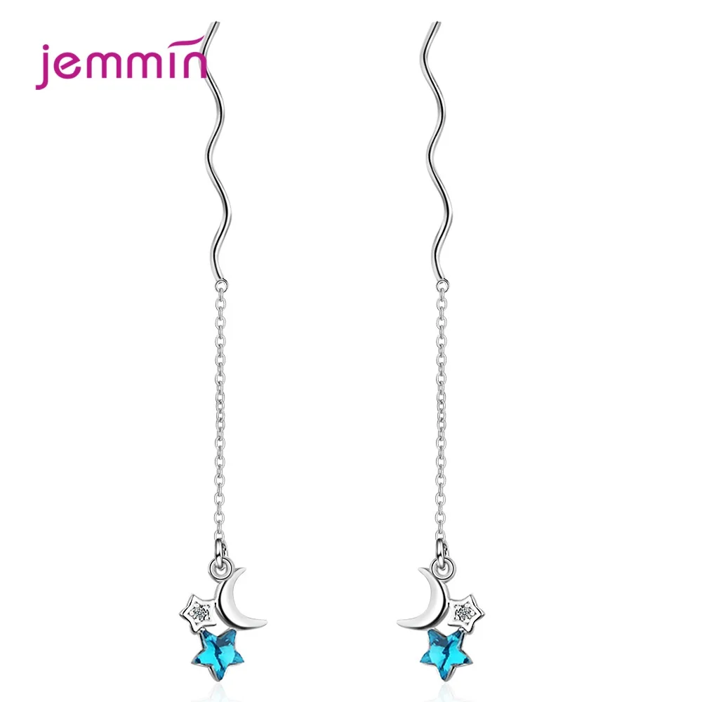 Длинные серьги кисточки из серебра 925 пробы с Луной и звездами|Серьги-подвески| |