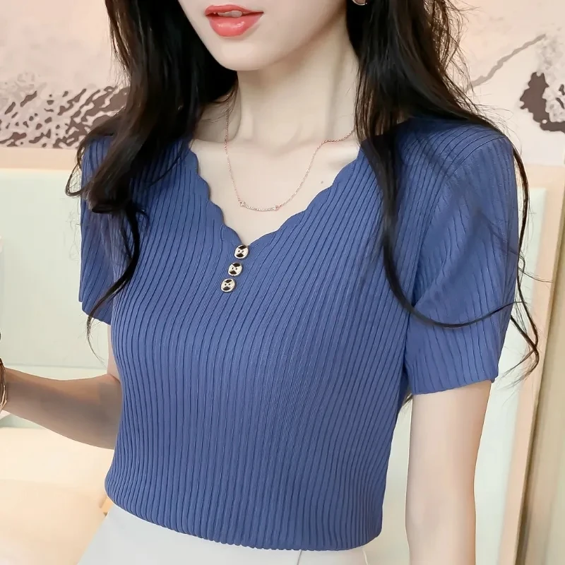 

T Shirts Women V-neck Short Sleeve Button Knitted Tshirt Summer Fashion Basic Solid Tops Female Korean Style Knit Shirt Tees