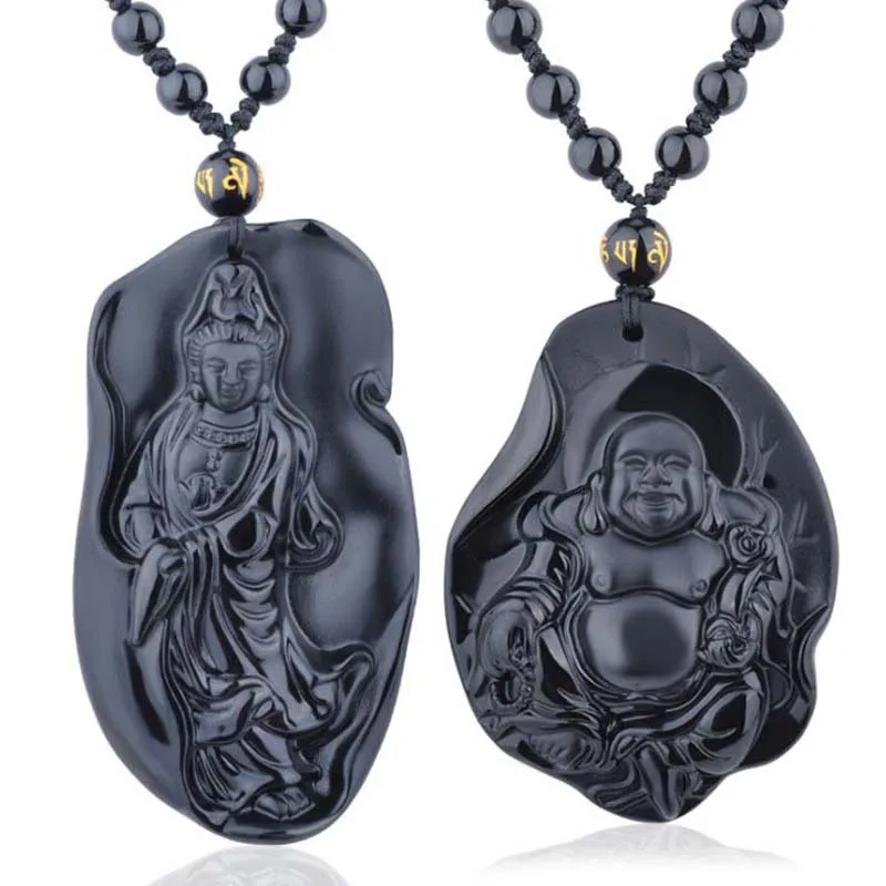 Прямая поставка черный обсидиан Гуаньинь Ожерелье Кулон Будда нефритовый кулон