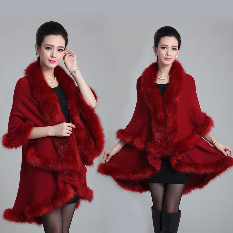 

Fashion Double Layer Handcraft Fox Fur Cape Shawl Long Knit Cashmere Poncho Coat Wraps Faux Fur Pashmina Cloak Women Winter New