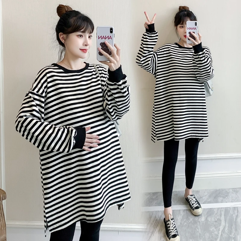 

3020# Autumn Korean Fashion Striped Maternity Hoodies Large Size Loose Sweatshirts Clothes for Pregnant Women Pregnancy Tees Top