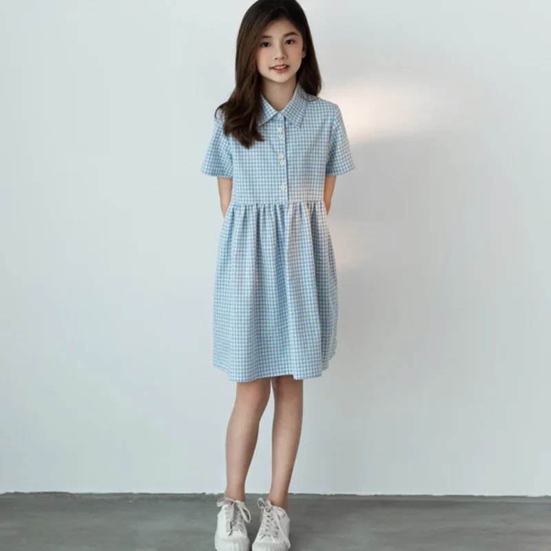 

2021 Girls Dress Summer Turn Down Collar Princess Dress Elegant Plaid Kids Dresses for Girl Children Clothing 8 10 12 14 16 Yrs