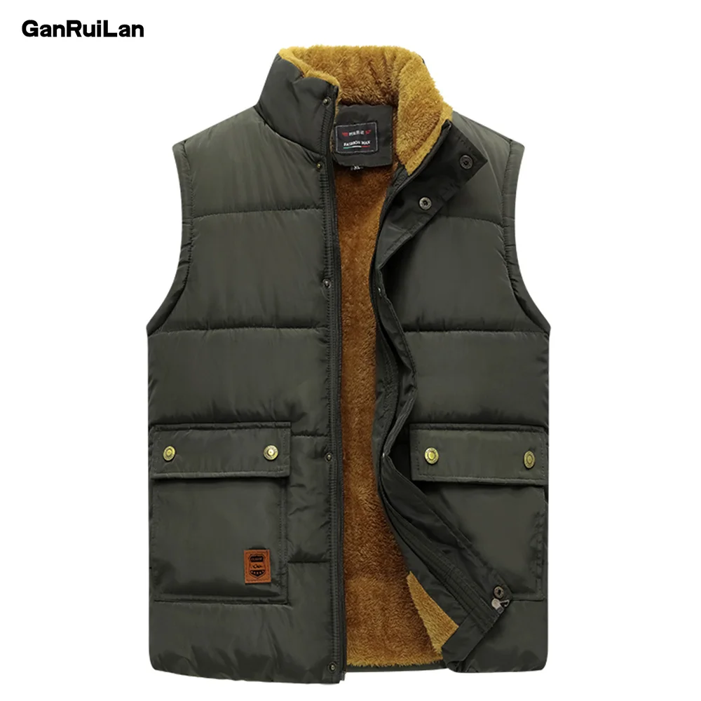 Army green color Осенне-зимний мужской жилет Мужской Хлопковый толстый теплый жилет флисовые термальные мягкие жилетки Мужская ветрозащитная куртка без рукавов 7XL - Цвет: Army green color