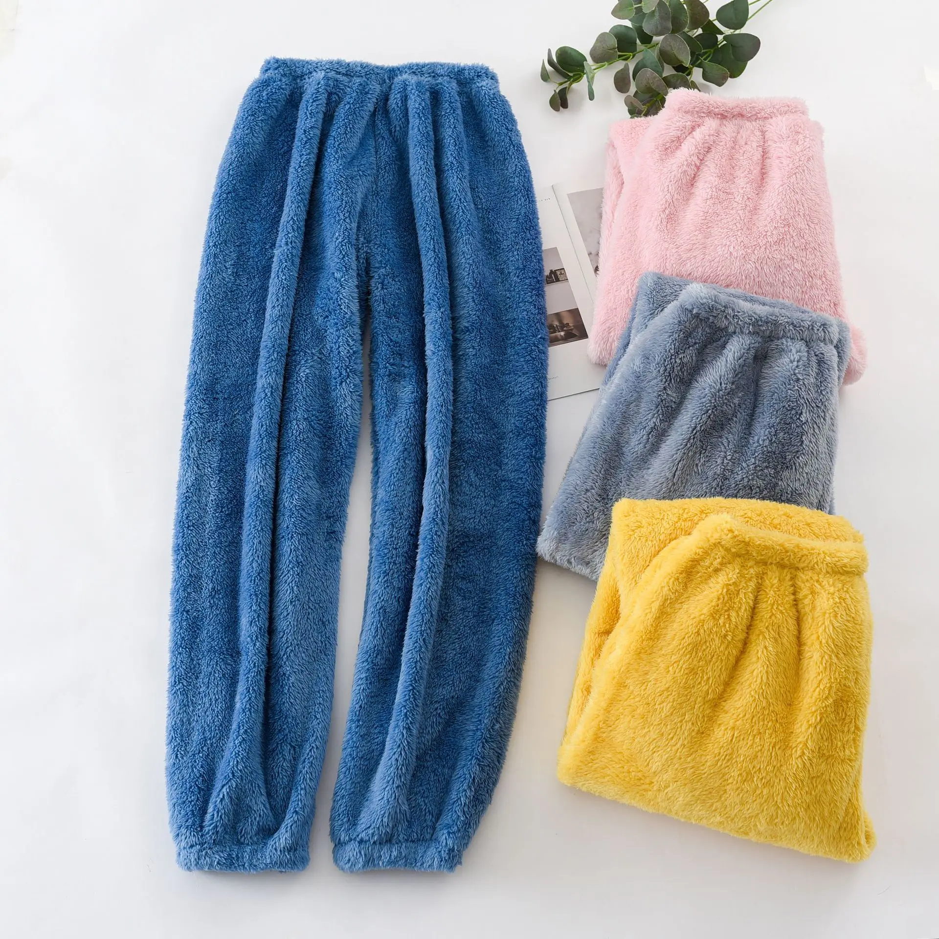 

Japanese autumn and winter new couple trousers pajamas men's and women's home trousers colored flannel warmth thickened trousers