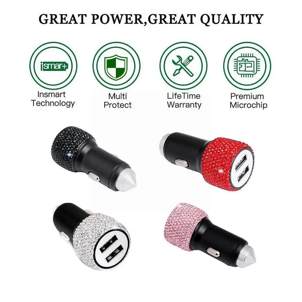 

Diamond-encrusted Car Mobile Phone Safety Hammer Charger Dual Charge Alloy Aluminum USB Fast Car Charger Z3D0