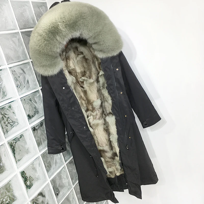 Plus Size Real Fur Coat Waterproof Parka Mujer Winter Jacket Women Natural Fox Fur Collar Liner Hood Thick Warm Outerwear Hat - Color: Xlong BeanGreen