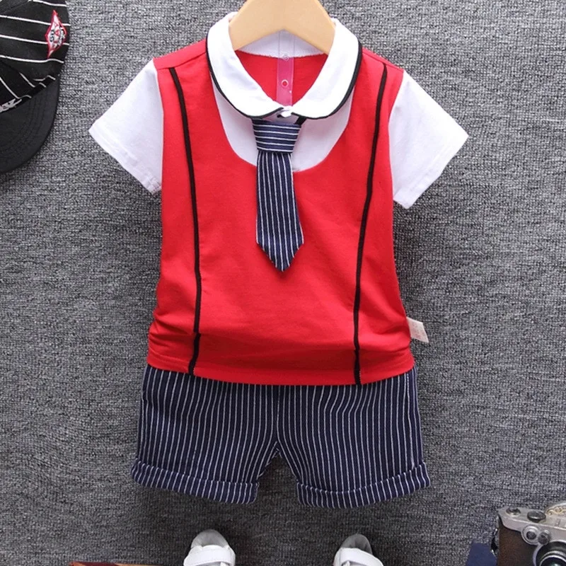 

Baby Boy Fake Vest T shirt + Striped Shorts 2 pcs Clothing Sets Kids Fashion Tie Gentleman Clothes Cotton Suit for Children