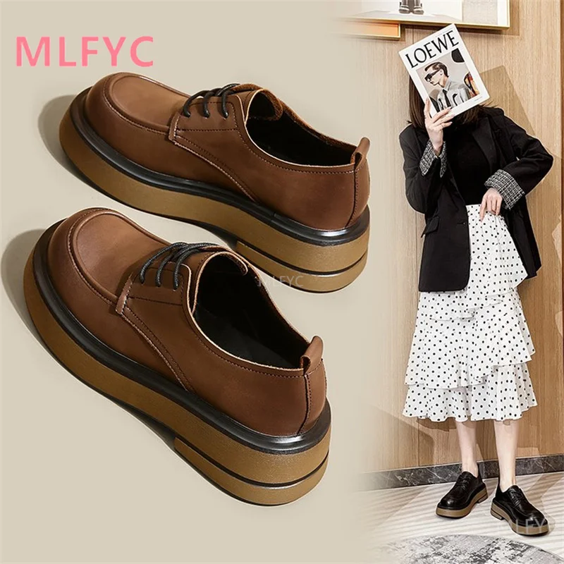 

2022 autumn new round toe low-cut lace-up loafers women's fashion single shoes platform small leather shoes