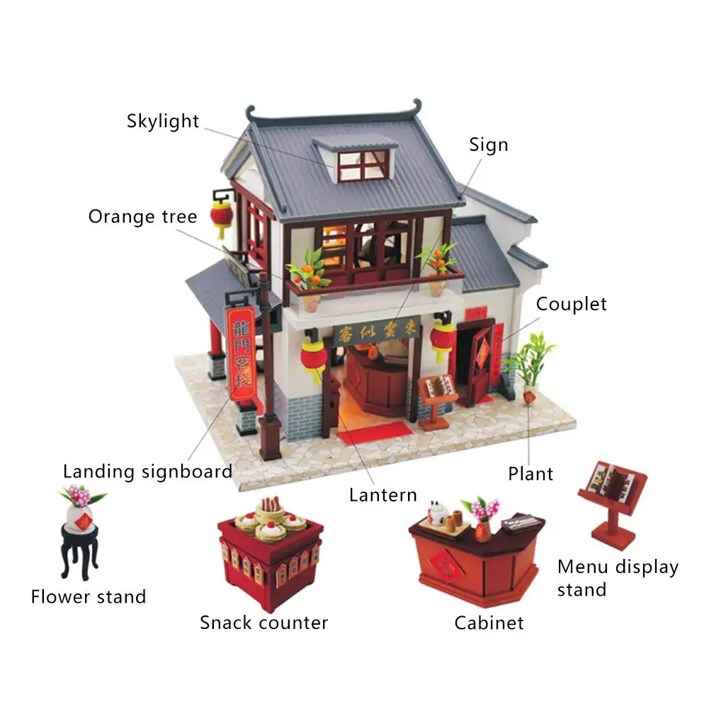 

DIY Hut Longmen Inn Handmade Wooden House Model Innovative Toy Puzzle Assembled Birthday Gift DIY Dollhouse Kit