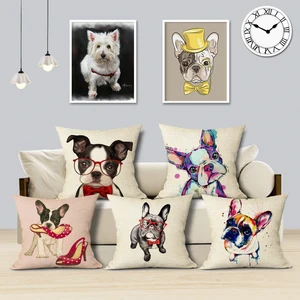 Наволочка в виде французского бульдога, мопса, собаки, милая мультяшная собака, искусство 45 см x 45 см, хлопковая льняная наволочка для дивана, домашний декор, наволочки